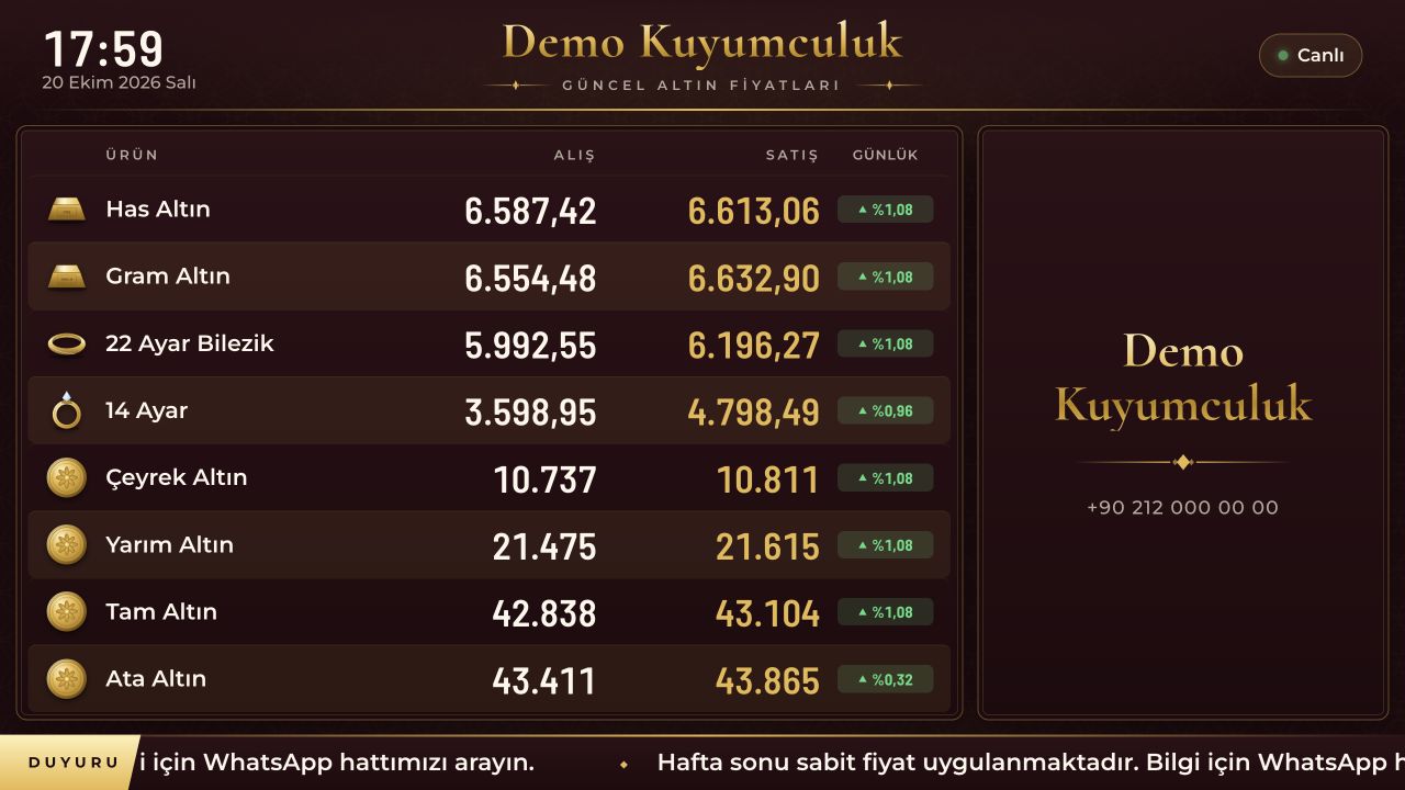 The actual Kuyumcu Ekranları TV demo in burgundy and gold, with buy and sell prices and an announcement ticker.