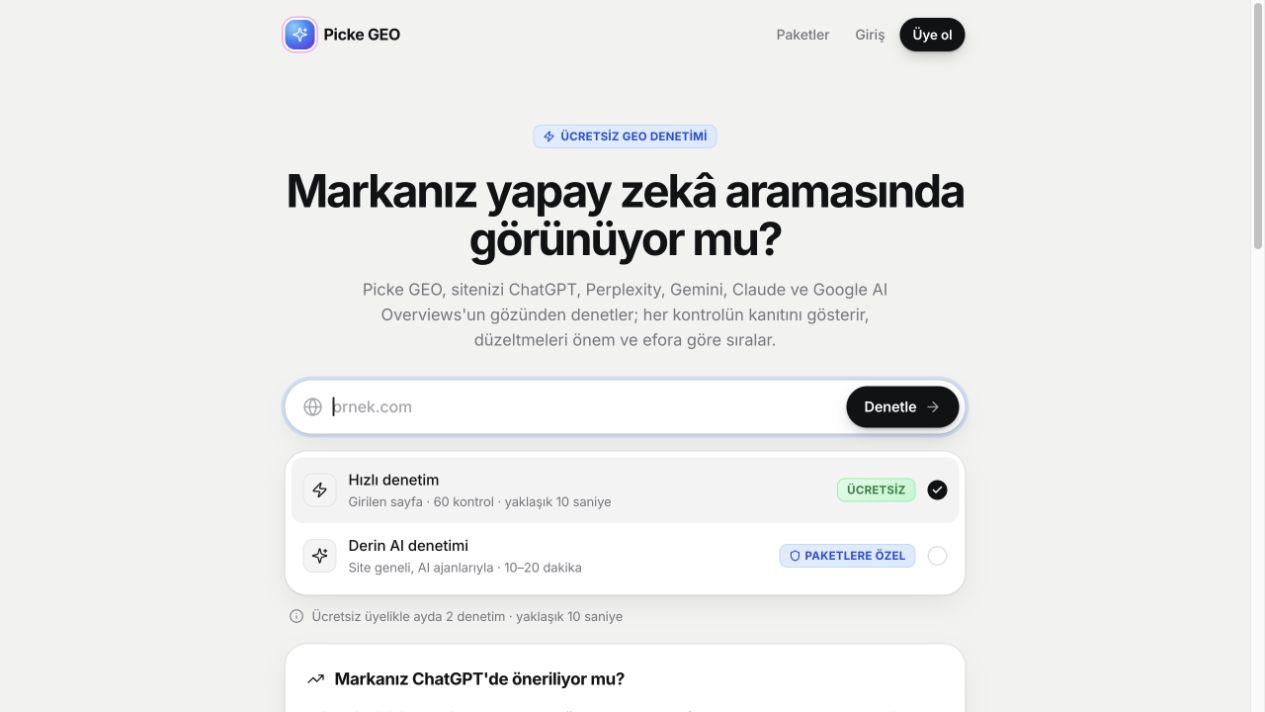 Picke GEO’s actual audit start screen, showing the website field and quick and deep AI audit options in Turkish.
